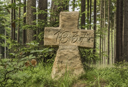 Cross in forest in national park czech swissの写真素材