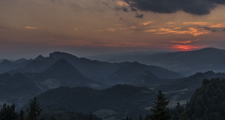 National park Pieniny with color sunset in summer timeの写真素材