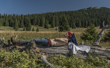 Slim man on old tree in summer at Slovak mountainsの写真素材