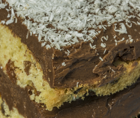 Coconut chocolate cake on blue dish with chocolate cream