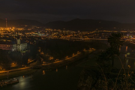 Night view for Decin city in north Bohemia in autumn eveningの写真素材