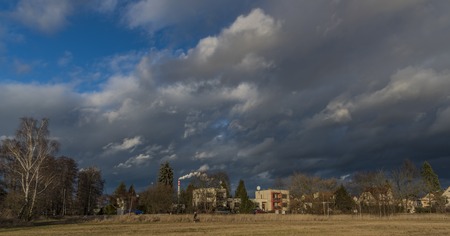 Family houses in Ceske Budejovice city in wind winter day