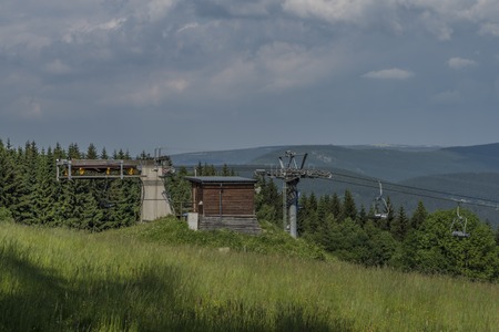 Ski tow near Paseky nad Jizerou village in spring sunny nice dayの写真素材
