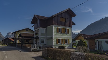 Village near Ebensee sea and town in big Austrian Alpsの写真素材