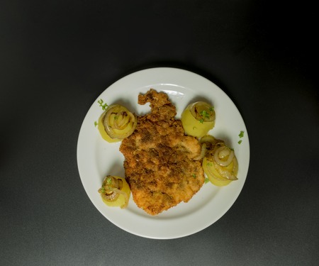 Fried wiener chicken fillet with potatoes and fried onion and two salads tzatziki and hungary saladの写真素材