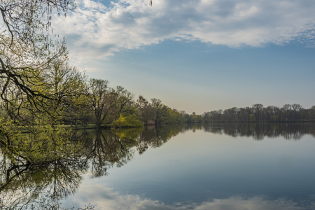 Spring sunny morning near Schwanenteich pond in Zwickau city and park in centerの写真素材