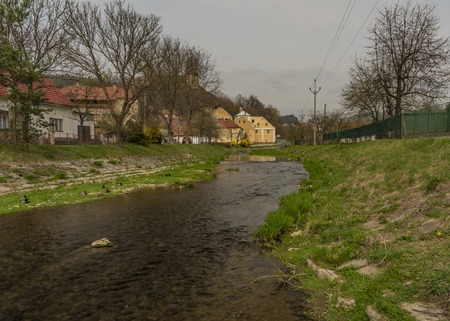 Brumov town and castle in east Moravia in spring cloudy dark dayの写真素材