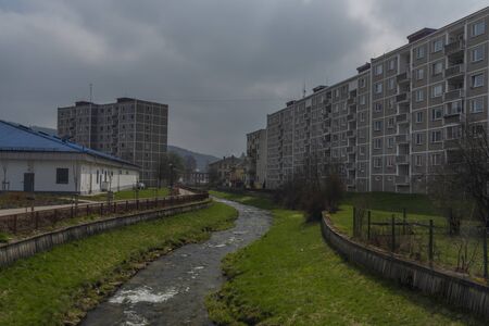 Block of flats in Kraslice town in soon spring cloudy day in north west Bohemia