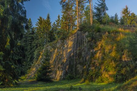 Color Rotava organ basalt rock in summer sunrise morning in west Bohemia