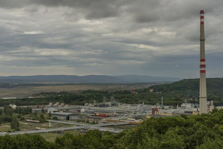Factory in Sokolov town from Hard view tower over city in summer cloudy dark dayの写真素材