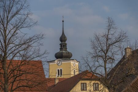 Old buildings in Valasske Klobouky town in spring cold sunny morning