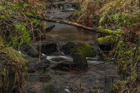 Upper watercourse of Bilina river in Krusne hory mountains in winter dark day