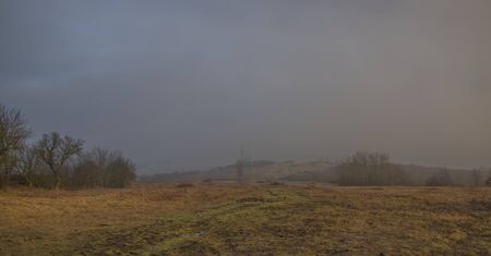 Color meadow near Radobyl hill in north Bohemia in winter morning