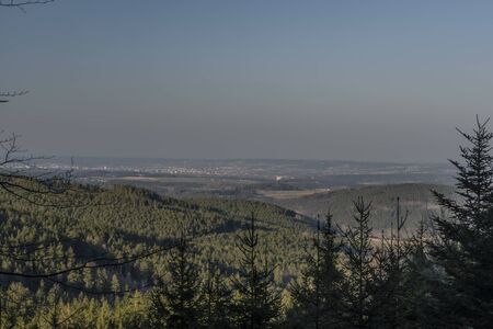 View from Granatnik observation tower near Zlata Koruna village in spring sunny eveningの写真素材