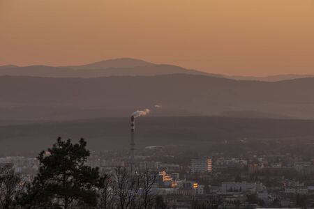 Red sun in sunset evening near Ceske Budejovice city in spring part of year