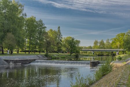 Malse river in spring morning in Budweis city in south Bohemia