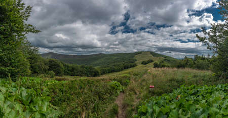 Panorama from ridge of Poloniny national park in summer cloudy day near green Durkovec hillの写真素材