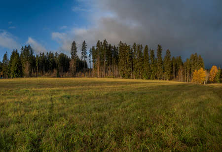Sunrise near forest and road to centre of national park Sumava with color cloudy sky