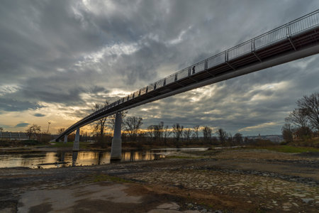 New bridge for pedestrian in Prague Troja part of capital in sunny color autumn afternoonの写真素材