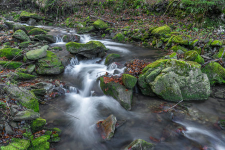 Waterfall on Bucaci creek in Moravskoslezske Beskydy mountains in frosty cold winter dayの写真素材