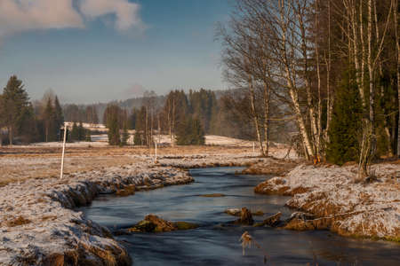 Studena Vltava river in winter cold morning with sunshine color light