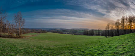 Sunset view in Roprachtice village in Krkonose mountains in spring beautiful evening
