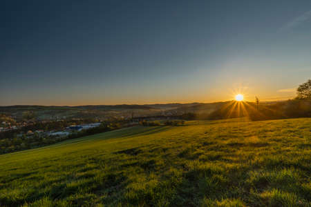 Vizovice town with sunrise of orange sun and fresh color air in east Moraviaの写真素材