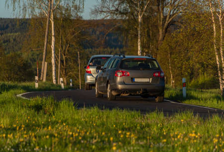 Cars on black road with birch trees and dandelions in color sunset spring evening