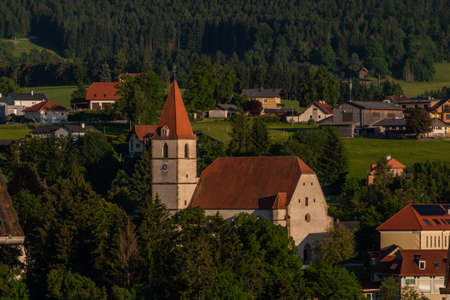Semriach color village with Schockl hill over in sunset sunny evening