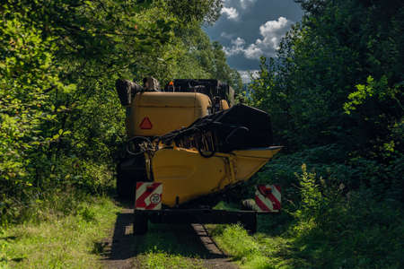 Yellow combine harvester on small path in sunny hot summer color dayの写真素材