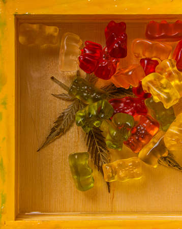 Color wooden box with cap on white background with nice reflection and color fresh candyの写真素材