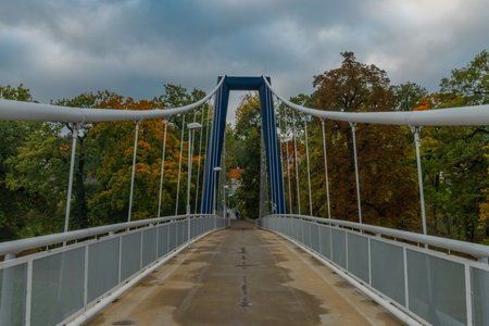 River Labe and bridge in central Bohemian town Kolin in autumn color morning after rainy nightの写真素材