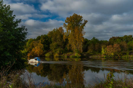 River Labe near central Bohemian town Kolin in autumn color morning after rainy nightの写真素材