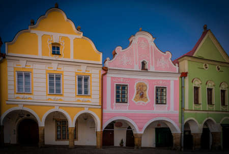 Telc old historical town in winter frosty morning before sunrise with blue skyの写真素材