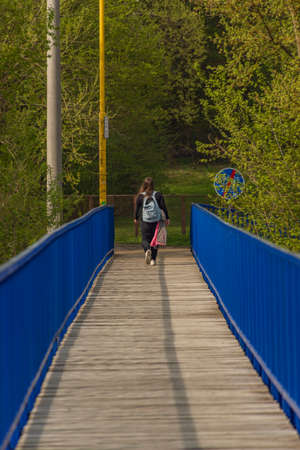 Morava river near Otrokovice town in spring fresh morning with bridgeのeditorial素材