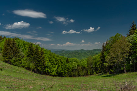 Landscape near Banska Stiavnica town in sping fresh color beautiful morningの写真素材