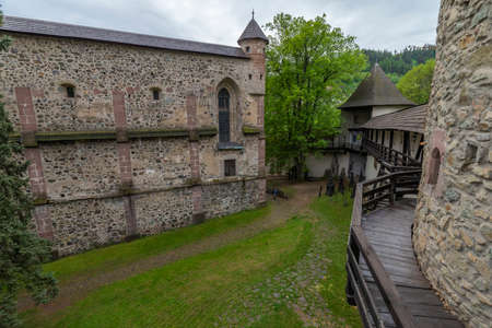 Castle in Banska Stiavnica town in cloudy day after rain in spring