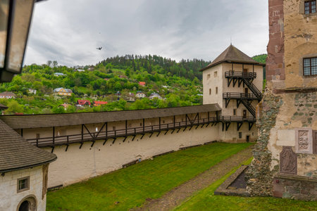 Castle in Banska Stiavnica town in cloudy day after rain in spring