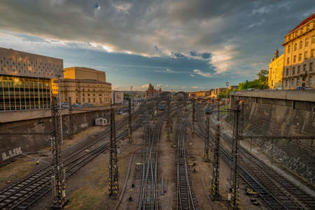 Main station in capital Prague in spring sunny color evening