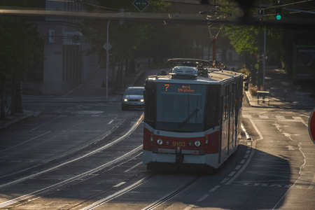 Modern tramway in the center of capital Prague 05 27 2022 in spring morningのeditorial素材