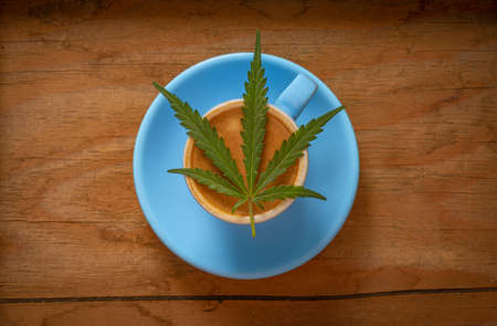 Fresh robusta coffee in blue cup on dirty old wooden table with leaf from aboveの写真素材