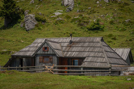 Beautiful blue sky summer day in Velika Planina mountains in color Sloveniaの写真素材