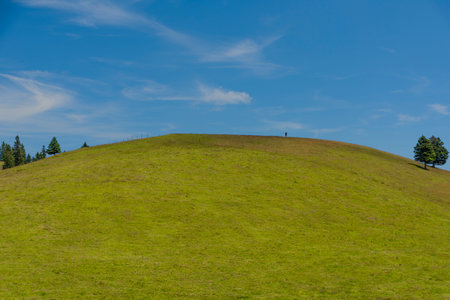 Beautiful blue sky summer day in Velika Planina mountains in color Sloveniaの写真素材