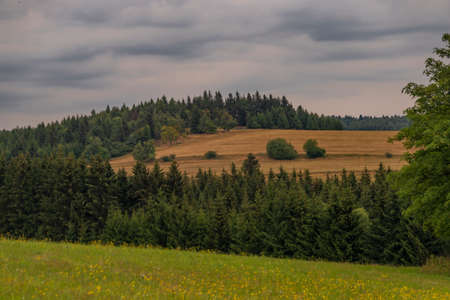 Summer morning in Krusne mountains over Chomutov town with color meadows and fencesの写真素材