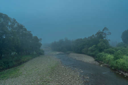 Sola river near confluence with Ujsola in Rajcza village in Poland mountains in summer morningの写真素材