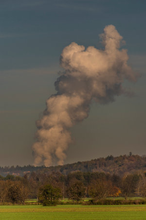 Smoke from nuclear power plant Temelin in autumn fresh morning