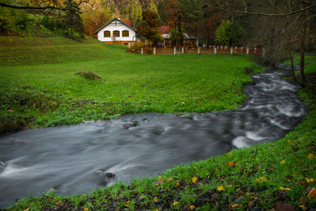 Color valley of Sarecky creek in autumn blue sky day in capital Pragueの写真素材