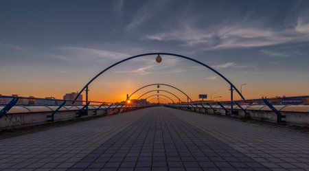 Path over subway track in Cerny Most station Prague 10 01 2022 in sunset eveningのeditorial素材