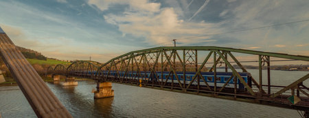 Railway and road bridges in Linz town in Austria in sunny fresh afternoonのeditorial素材