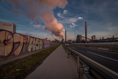 Chemistry factories in Linz city in color sunny dirty eveningのeditorial素材